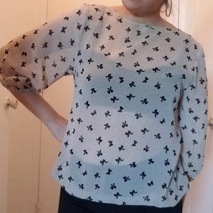 F21 Sz Small Tan Sheer Bow Print Blouse